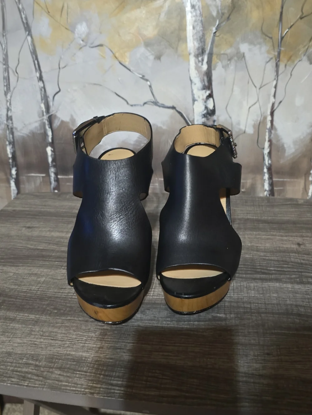 Michael Kors Black Platform Peep-Toe Sandals with Wood-Tone Sole